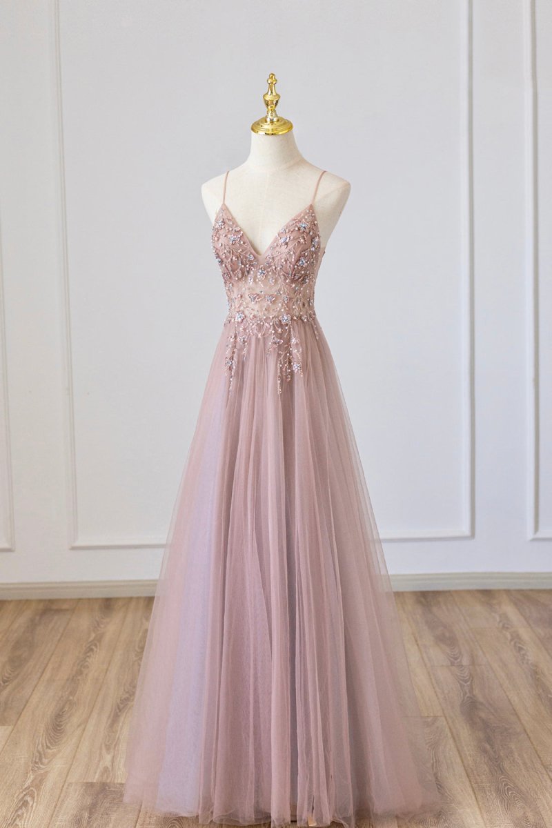 Yareli | Pink Tulle Long A - Line Prom Dress, Pink Spaghetti Formal Dress with Beaded - KissProm