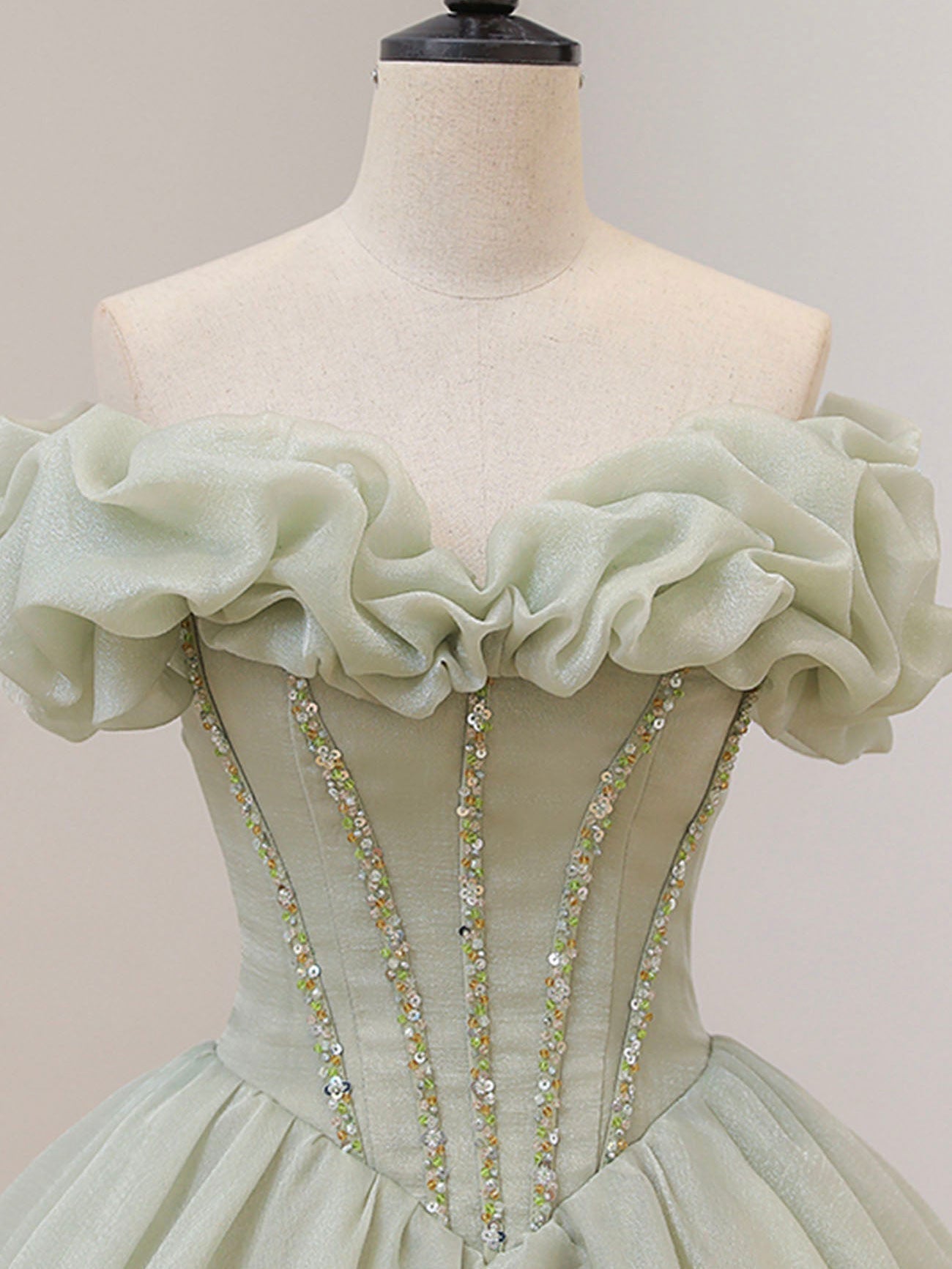 Green Long Prom Dress, Green Tulle Formal Sweet Dress with Beading