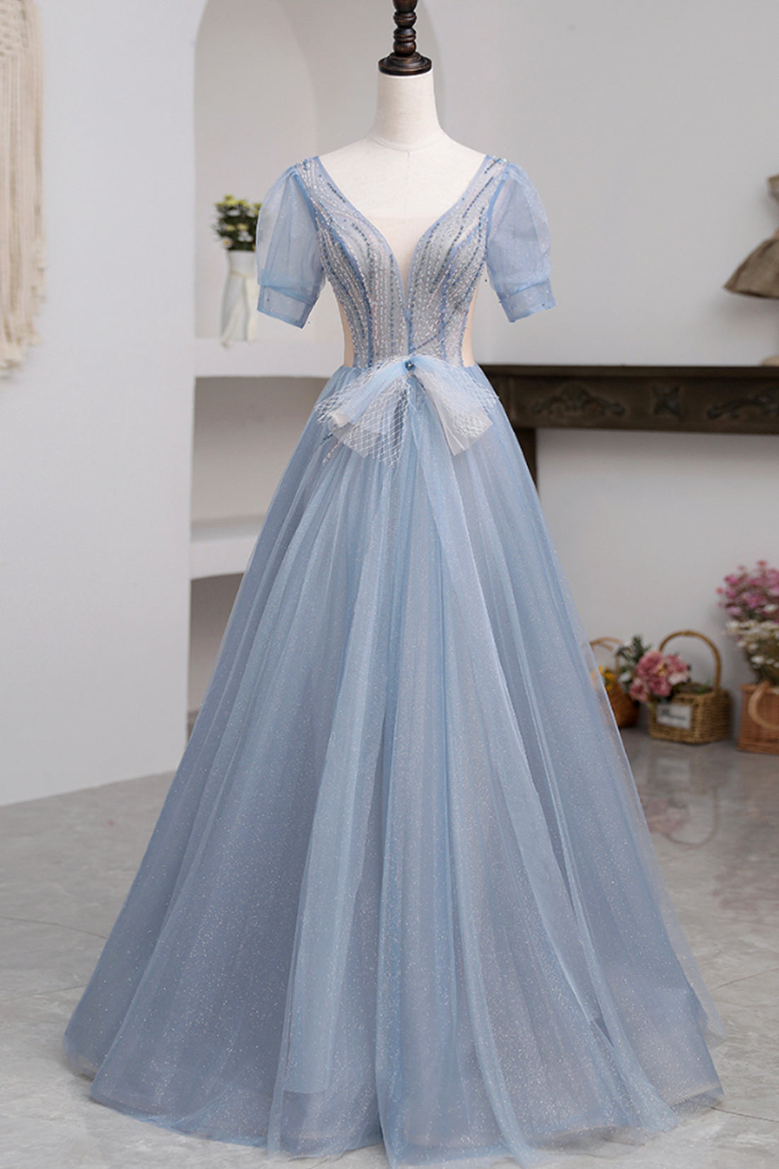 Khaleesi | Blue Short Sleeve Tulle Floor Length Prom Dress with Beaded