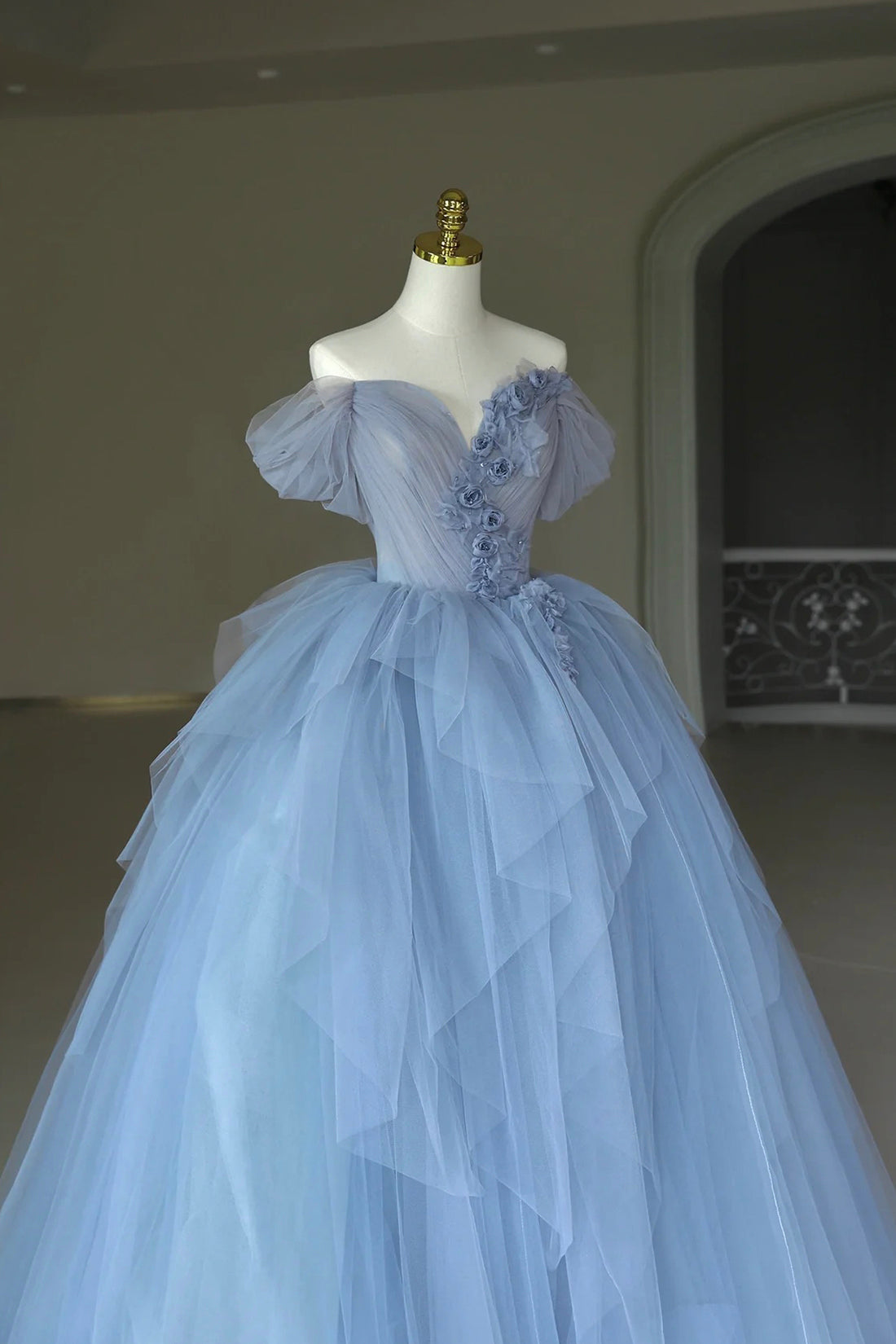 Kyra | Blue Tulle Floor Length Prom Dress, Off the Shoulder Evening Dress with 3D Flowers