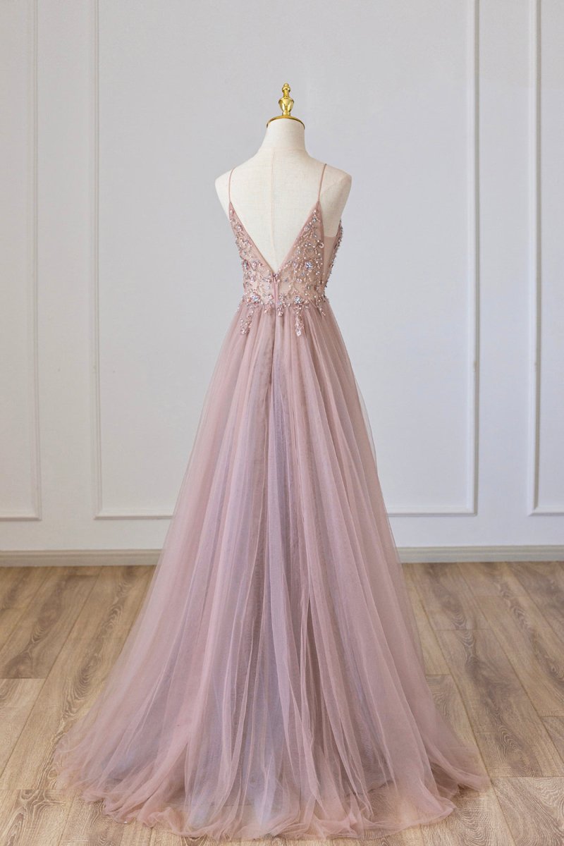Yareli | Pink Tulle Long A - Line Prom Dress, Pink Spaghetti Formal Dress with Beaded - KissProm