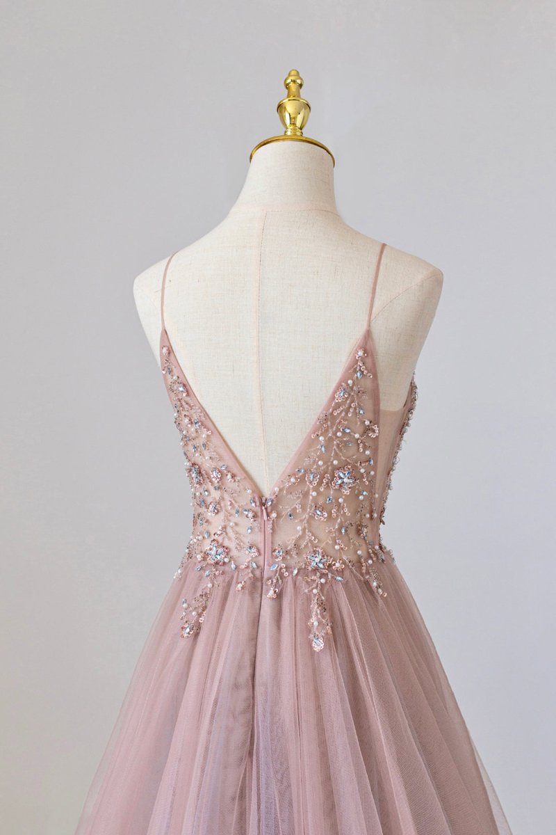 Yareli | Pink Tulle Long A - Line Prom Dress, Pink Spaghetti Formal Dress with Beaded - KissProm