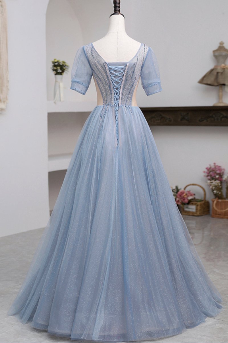 Khaleesi | Blue Short Sleeve Tulle Floor Length Prom Dress with Beaded - KissProm
