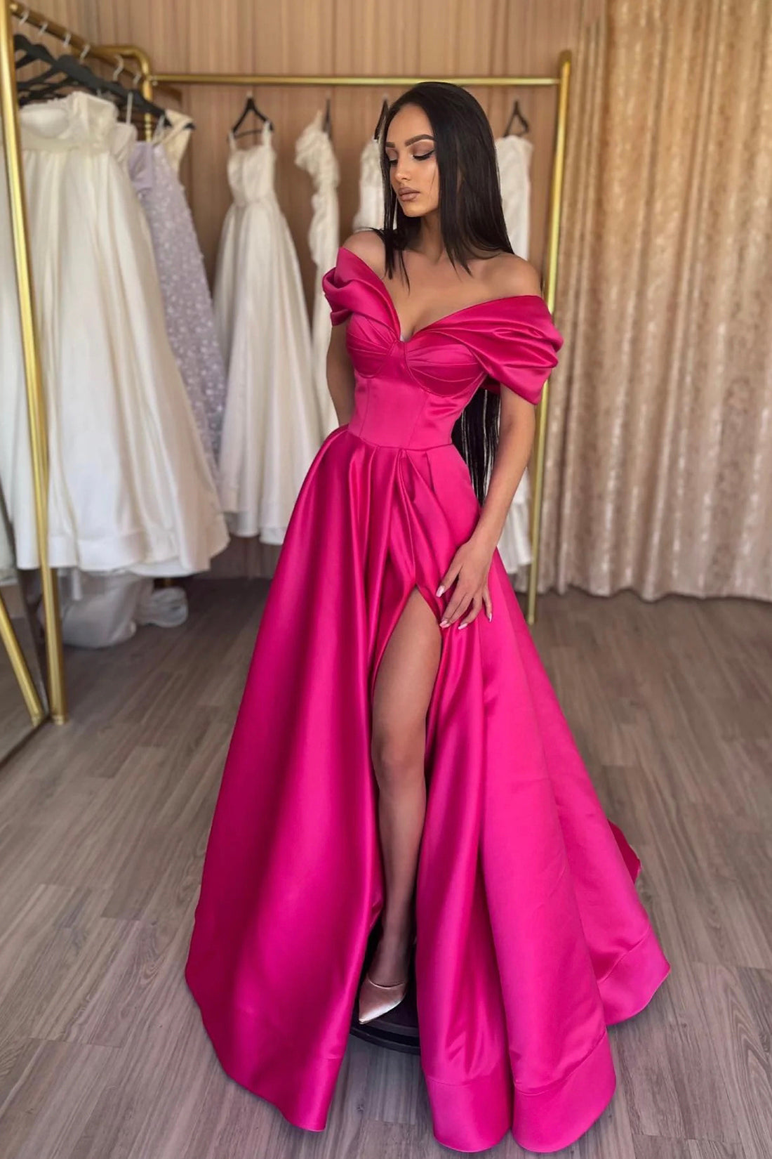 Murphy | Stylish A-Line Off the Shoulder Satin Long Prom Dress, Hot Pink Satin Pleats Evening Dress with Slit