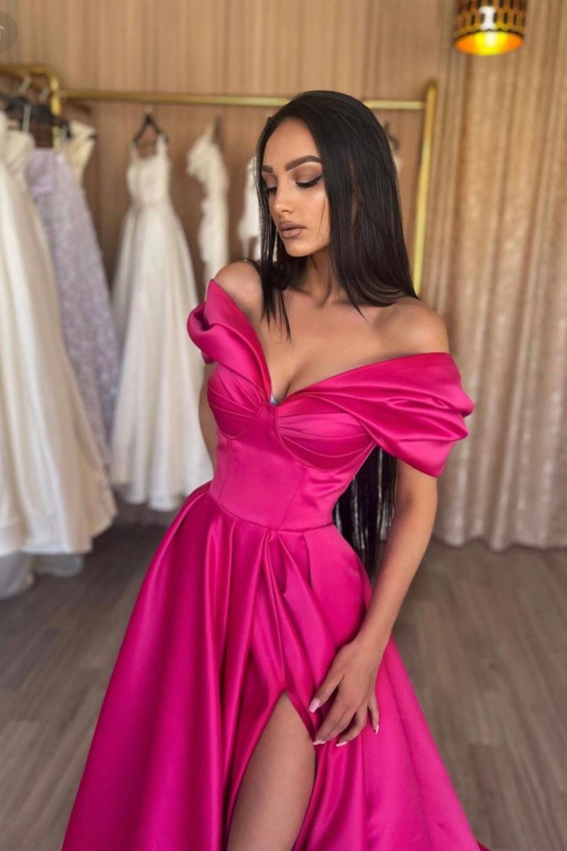 Murphy | Stylish A - Line Off the Shoulder Satin Long Prom Dress, Hot Pink Satin Pleats Evening Dress with Slit - KissProm