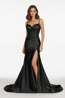 Vaelia | Red - Spaghetti Straps Mermaid Satin Sequined Long Formal Prom Dresses With Slit - KissProm