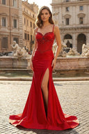 Red Spaghetti Straps Mermaid Satin Sequined Long Formal Prom Dresses With Slit - KissProm