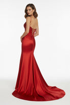 Vaelia | Red - Spaghetti Straps Mermaid Satin Sequined Long Formal Prom Dresses With Slit - KissProm