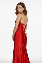 Vaelia | Red - Spaghetti Straps Mermaid Satin Sequined Long Formal Prom Dresses With Slit - KissProm