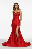 Vaelia | Red - Spaghetti Straps Mermaid Satin Sequined Long Formal Prom Dresses With Slit - KissProm