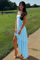 KissProm-Vaelie Blue Sheath Strapless Spandex High Low Long Prom Dresses With Ruffles