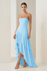 Blue Sheath Strapless Spandex High Low Long Prom Dresses with Ruffles – Prom Dresses by KissProm | Available at KissProm