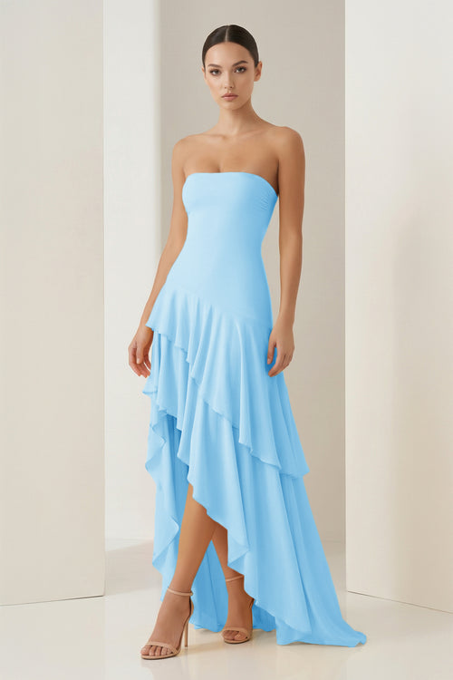 Blue Sheath Strapless Spandex High Low Long Prom Dresses with Ruffles – Prom Dresses by KissProm | Available at KissProm