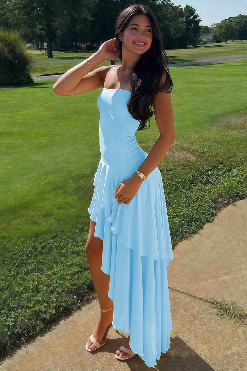 KissProm-Vaelie Blue Sheath Strapless Spandex High Low Long Prom Dresses with Ruffles