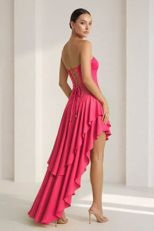Blue Sheath Strapless Spandex High Low Long Prom Dresses with Ruffles – Prom Dresses by KissProm | Available at KissProm