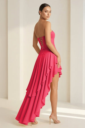 KissProm-Vaelie Coral Sheath Strapless Spandex High Low Long Prom Dresses With Ruffles