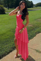 KissProm-Vaelie Coral Sheath Strapless Spandex High Low Long Prom Dresses With Ruffles