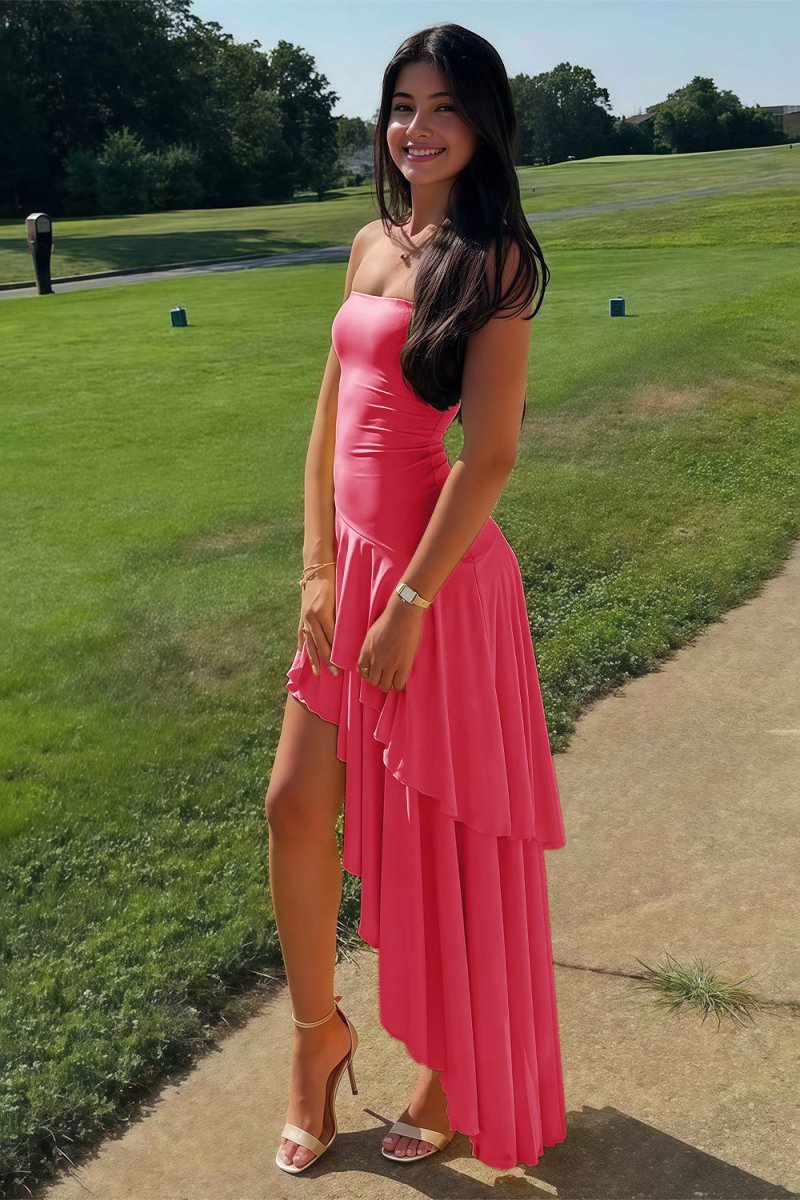 KissProm-Vaelie Coral Sheath Strapless Spandex High Low Long Prom Dresses With Ruffles