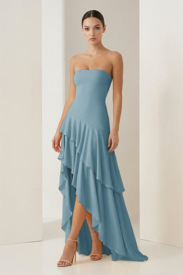 Vaelie | Dusty Blue - Sheath Strapless Spandex High Low Long Prom Dresses with Ruffles - KissProm
