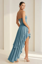KissProm-Vaelie Dusty Blue Sheath Strapless Spandex High Low Long Prom Dresses With Ruffles