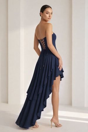 Blue Sheath Strapless Spandex High Low Long Prom Dresses with Ruffles – Prom Dresses by KissProm | Available at KissProm