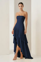 KissProm-Vaelie Navy Blue Sheath Strapless Spandex High Low Long Prom Dresses With Ruffles