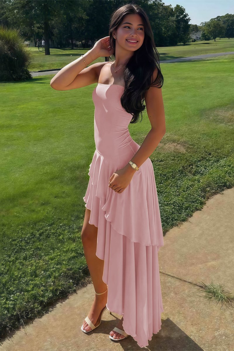 KissProm-Vaelie Pink Sheath Strapless Spandex High Low Long Prom Dresses With Ruffles