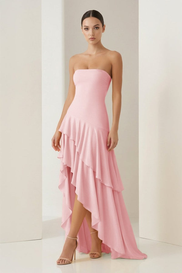 KissProm-Vaelie Pink Sheath Strapless Spandex High Low Long Prom Dresses With Ruffles