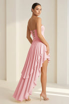 KissProm-Vaelie Pink Sheath Strapless Spandex High Low Long Prom Dresses With Ruffles