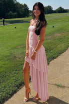 KissProm-Vaelie Pink Sheath Strapless Spandex High Low Long Prom Dresses With Ruffles