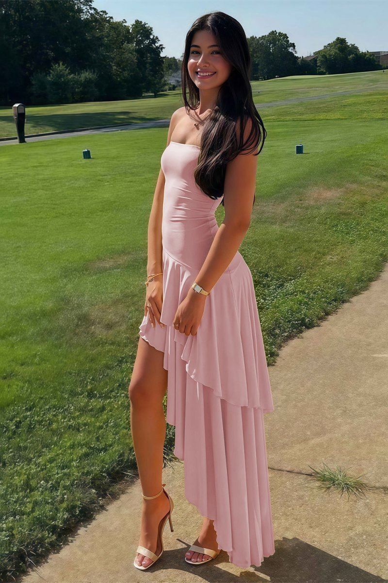 KissProm-Vaelie Pink Sheath Strapless Spandex High Low Long Prom Dresses With Ruffles