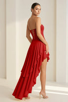 KissProm-Vaelie Red Sheath Strapless Spandex High Low Long Prom Dresses With Ruffles