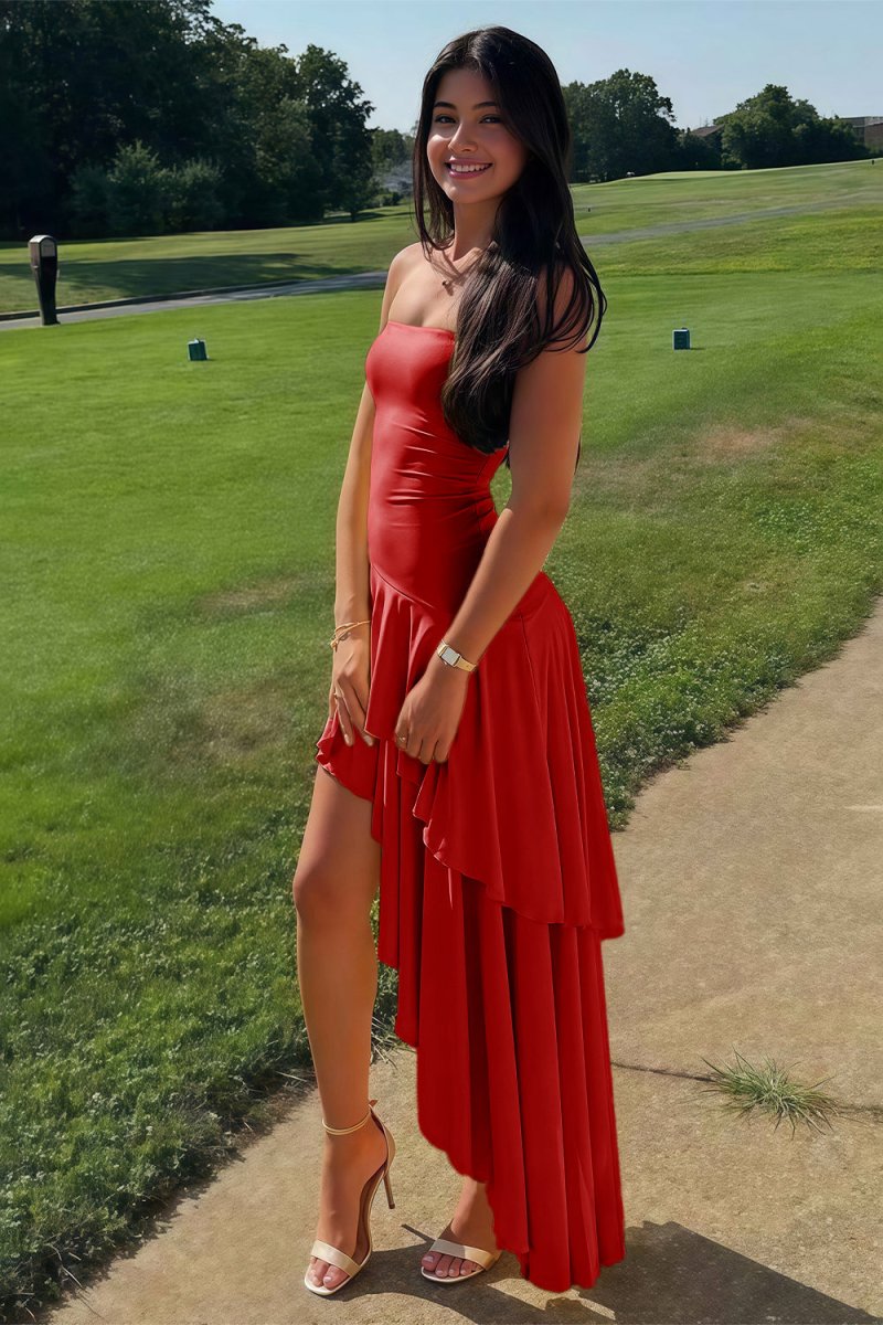 KissProm-Vaelie Red Sheath Strapless Spandex High Low Long Prom Dresses With Ruffles