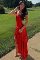 KissProm-Vaelie Red Sheath Strapless Spandex High Low Long Prom Dresses With Ruffles