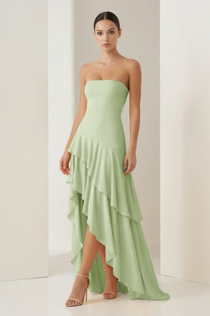 Vaelie | Sage - Sheath Strapless Spandex High Low Long Prom Dresses with Ruffles - KissProm