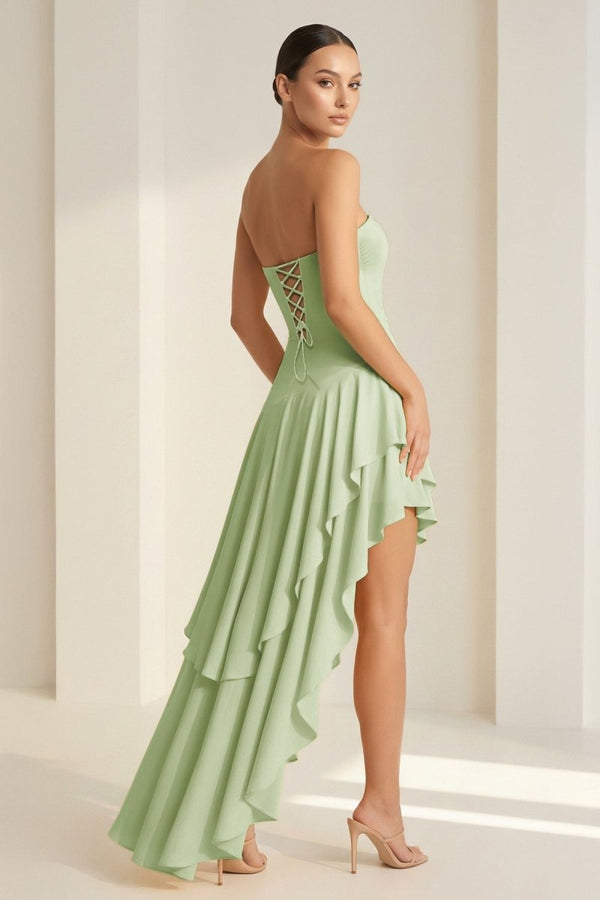 KissProm-Vaelie Sage Sheath Strapless Spandex High Low Long Prom Dresses With Ruffles
