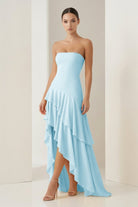 Vaelie | Sky Blue - Sheath Strapless Spandex High Low Long Prom Dresses with Ruffles - KissProm