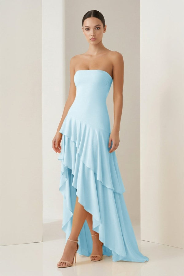 Blue Sheath Strapless Spandex High Low Long Prom Dresses with Ruffles – Prom Dresses by KissProm | Available at KissProm