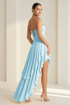 KissProm-Vaelie Sky Blue Sheath Strapless Spandex High Low Long Prom Dresses With Ruffles