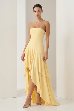 Blue Sheath Strapless Spandex High Low Long Prom Dresses with Ruffles – Prom Dresses by KissProm | Available at KissProm