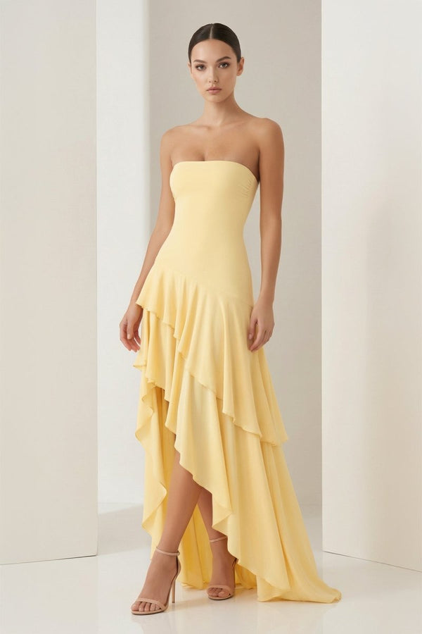 Blue Sheath Strapless Spandex High Low Long Prom Dresses with Ruffles – Prom Dresses by KissProm | Available at KissProm