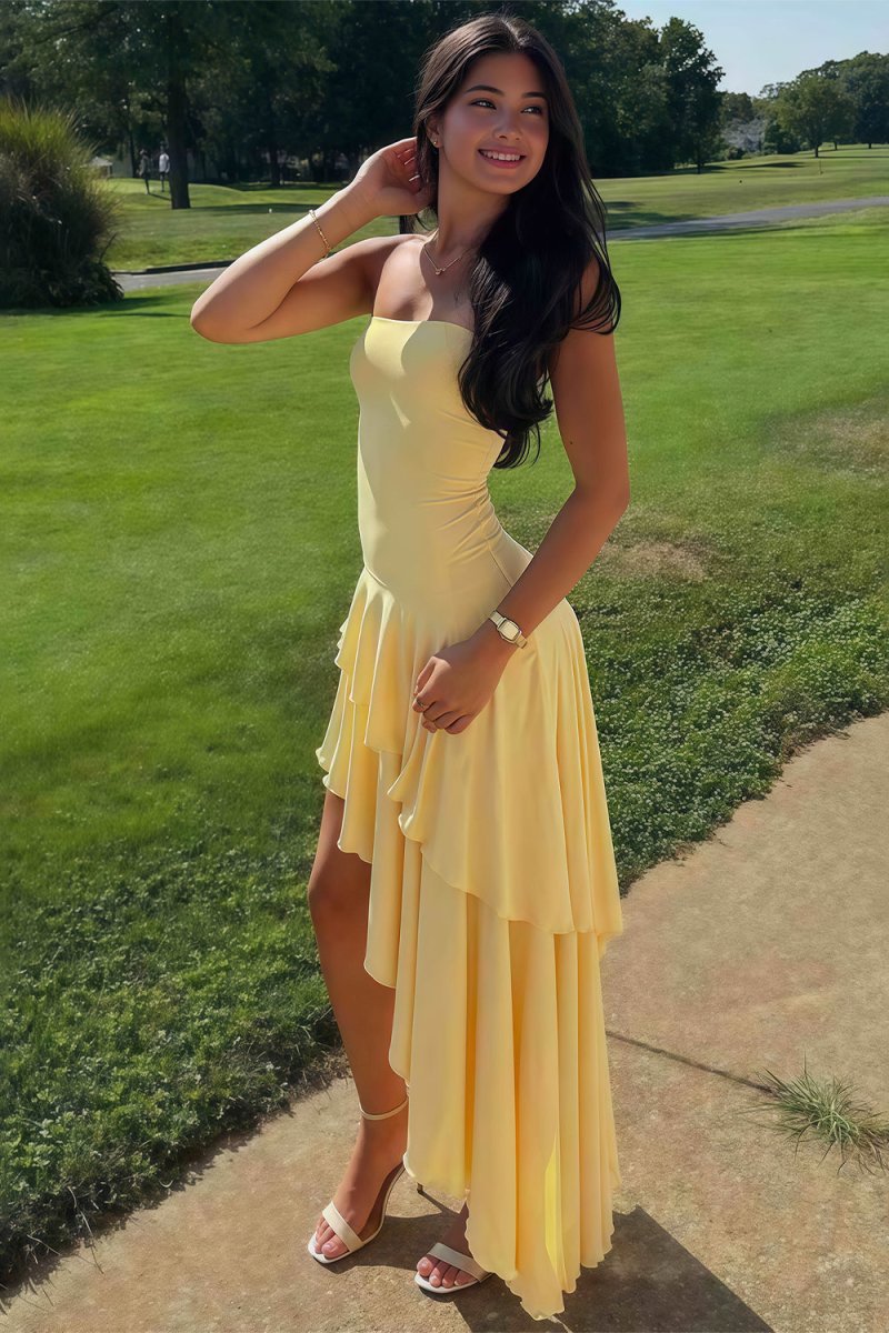 KissProm-Vaelie Yellow Sheath Strapless Spandex High Low Long Prom Dresses with Ruffles