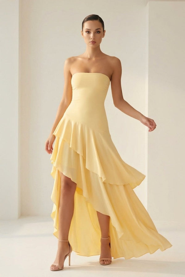 Blue Sheath Strapless Spandex High Low Long Prom Dresses with Ruffles – Prom Dresses by KissProm | Available at KissProm