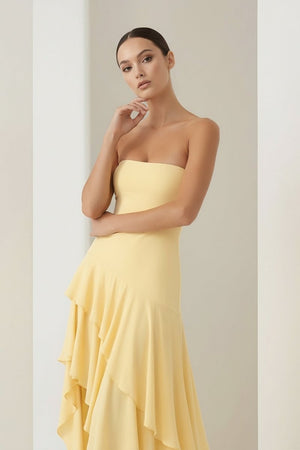 Blue Sheath Strapless Spandex High Low Long Prom Dresses with Ruffles – Prom Dresses by KissProm | Available at KissProm