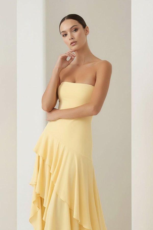 Blue Sheath Strapless Spandex High Low Long Prom Dresses with Ruffles – Prom Dresses by KissProm | Available at KissProm