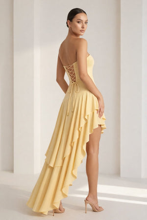 Blue Sheath Strapless Spandex High Low Long Prom Dresses with Ruffles – Prom Dresses by KissProm | Available at KissProm