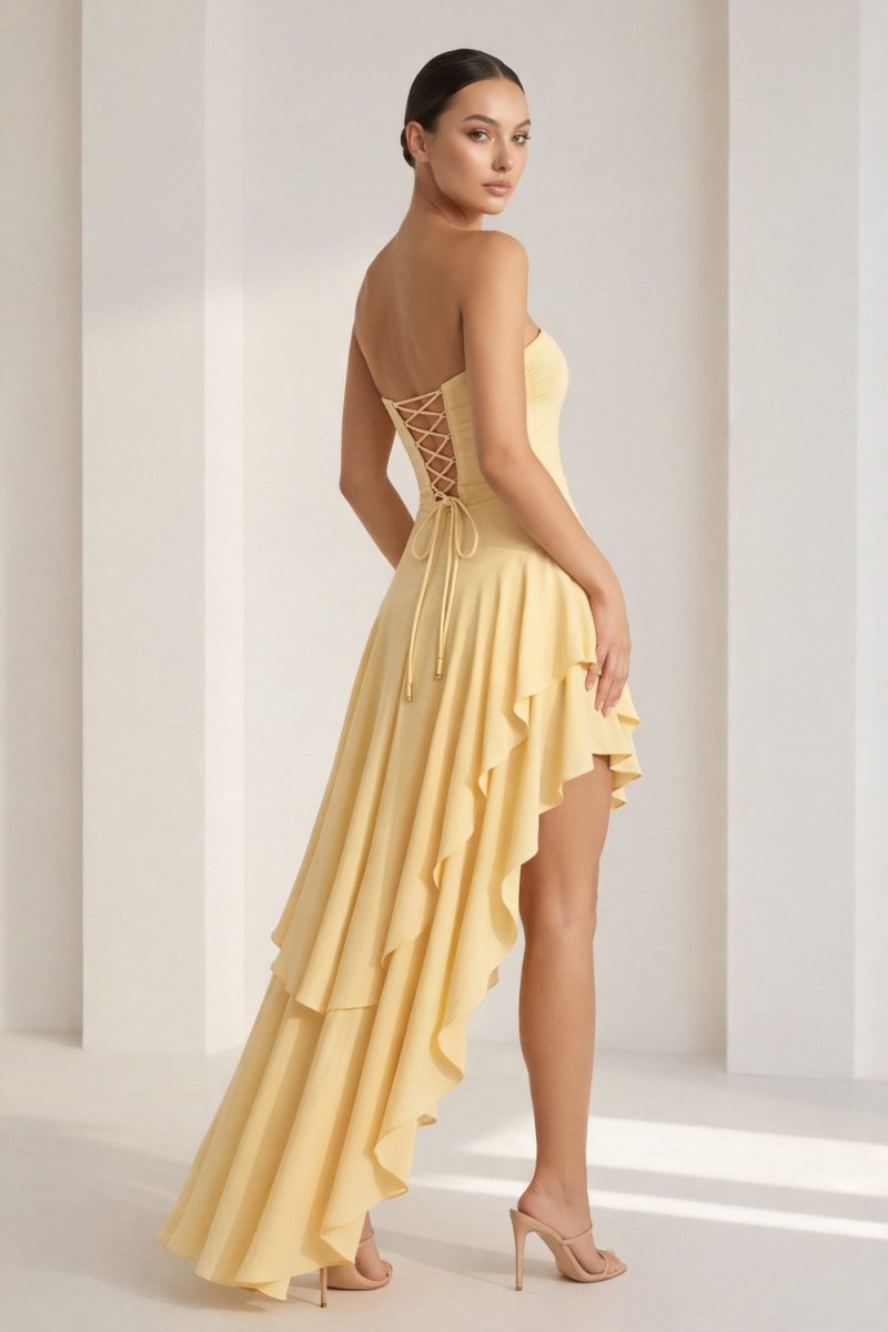 Blue Sheath Strapless Spandex High Low Long Prom Dresses with Ruffles Blue / 16