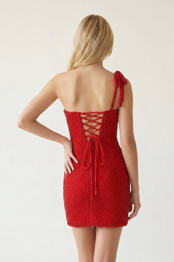 Vaelora | Red - One Shoulder Bodycon Beaded Short Homecoming Dresses With Bow