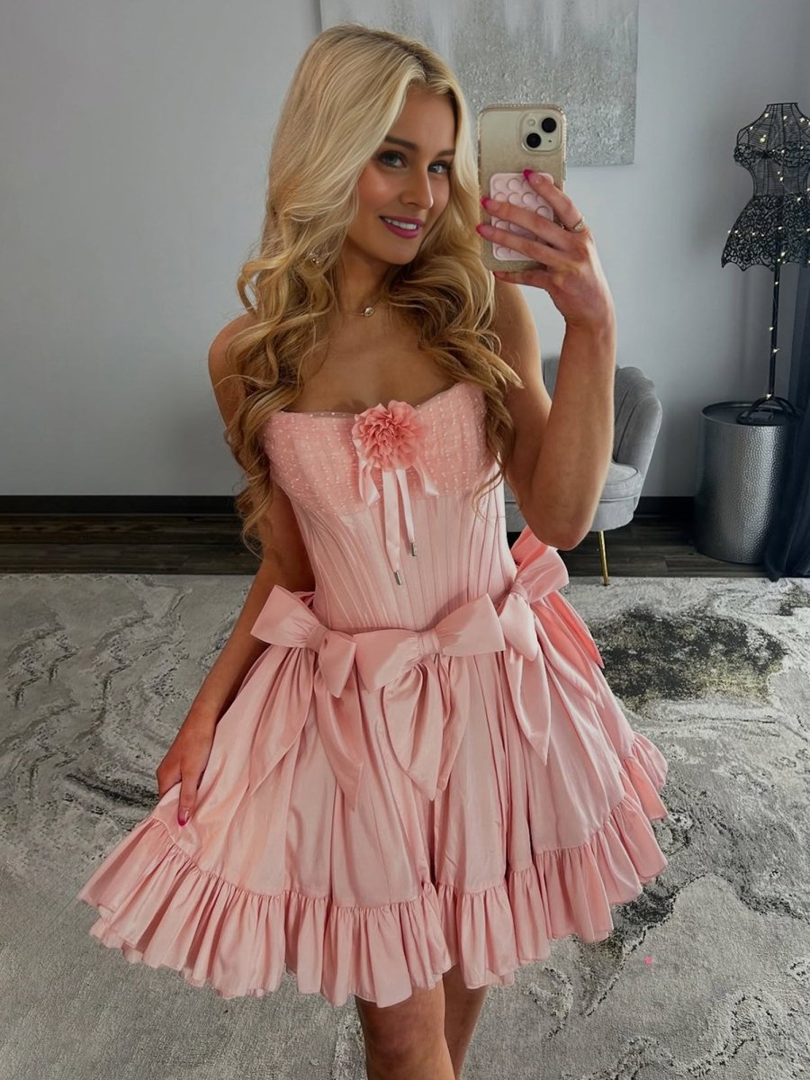 Vaila | Pink - Strapless Satin Ruffles A-Line Homecoming Dress With Bow