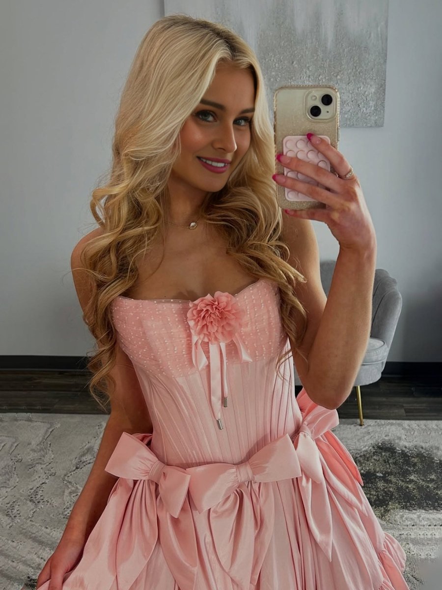 Vaila | Pink - Strapless Satin Ruffles A-Line Homecoming Dress With Bow